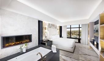 suite-1 king bed, smoking room, jetted tub, sitting area, dining area, bar area, walk in shower