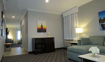 accessible - suite 1 king bed, mobility accessible, roll in shower, sofabed, separate living area, microwave and refrigerator, non-smoking