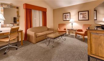 suite -1 letto king size, edificio dell'hotel, camere non fumatori, vista sulla città, soggiorno, microonde e frigorifero, divano letto, colazione completa